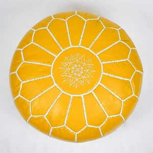 Yellow Moroccan Leather Pouf – Handmade Ottoman – Premium Genuine Leather - Picture 1 of 18