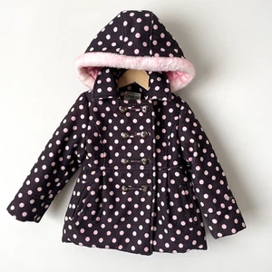 Osh Kosh B'gosh Pea Coat Polka Dot Girls Sz 5 Brown Pink Faux Fur Hood Warm Flaw - Picture 1 of 14