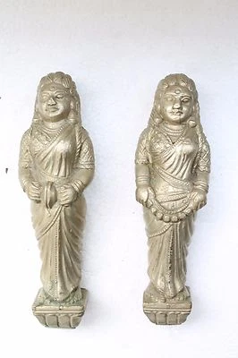 2 Pc Antique Hand Carved Wooden White Metal Coated Angel Doll Statue NH3244 - Image 1 of 4