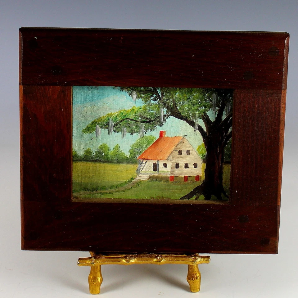 Original Am Framed Folk Art Primitive Painting signed D. Odem Farm - Image 1 of 4