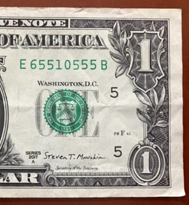 5 of a Kind 5s One Dollar Fancy Serial Number E6551 0555B Richmond FRB - Picture 1 of 3