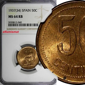 SPAIN II Republic Copper 1937 (34) 50 Centimos NGC MS64 RB KM# 754.1 (040) - Picture 1 of 4