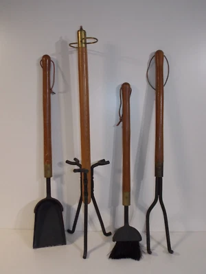 Vtg 1950's Fireplace Tools Mid Century Modern Long Walnut Handle Stand Iron Wood - Image 1 of 4