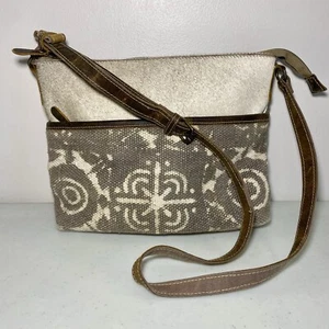 MYRA Crossbody Shoulder Bag Purse Canvas Leather Trim Fur Upcycled Grey Brown - Picture 1 of 24