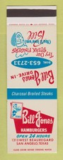 Matchbook Cover - Bill Jones Hamburgers San Angelo TX SAMPLE