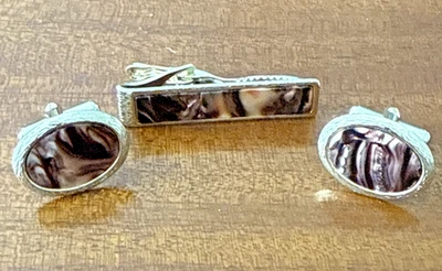 Vintage Marbled Lucite Cufflinks & Tie Bar Set • Gold Tone Oval & Rectangle Desi - Image 1 of 4