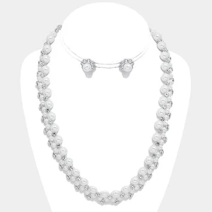 Juego de collar vintage de plata perforada y piedra transparente flor perla blanca - Imagen 1 de 3