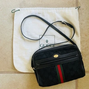 VTG Gucci Black GG Ophidia Canvas Leather Web Stripe Crossbody Bag w/ Duster - Picture 1 of 20