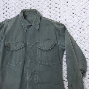 Vtg P56 USMC Herringbone HBT Utility Shirt Jacket Korean War Stencil - Large - Picture 1 of 22