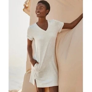 Garnet Hill Everyday T-shirt Dress Tencel V-neck Short Sleeve Tan/Cream New!!! - Picture 1 of 9
