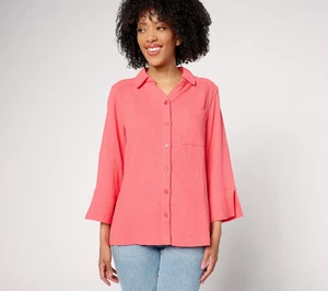 Belle by Kim Gravel Cotton Gauze Button Up Shirt-French Poppy-XL A691537 NEW - Picture 1 of 1