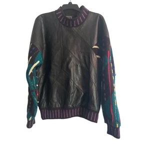 VGUC Vintage Saxony Men's Genuine Leather/Knit Sweater Crew Neck Size Large - Picture 1 of 6
