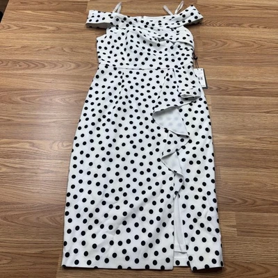 Vestido Adrianna Papell Feminino 4 Marfim Preto Polkadot Drapeado Bainha Babado Midi - Imagem 1 de 4