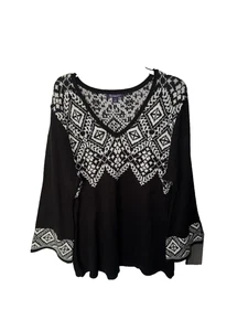 Romans V-neck Woman’s Sweater size 22/24 1X black Fair Isle pullover cozy tunic - Picture 1 of 7