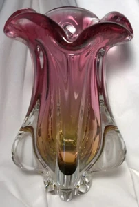 BOHEMIA GLASS MADE IN CZECH REPUBLIC HEAVY GLASS  VASE CRANBERRY & AMBER  - Picture 1 of 8