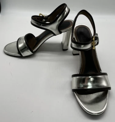 Marni Silver Metallic Black Trim Patent Leather Open Toe Block Heel Sandal sz 37 - Image 1 of 4