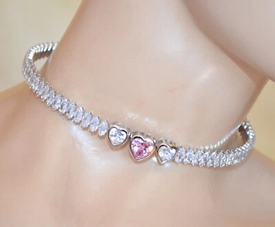 Collana argento cristalli donna cuore rosa collarino girocollo strass tennis W72 - Immagine 1 di 4