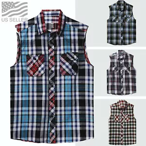 Camisas a cuadros para hombre sin mangas chaleco informal bolsillos de franela con botones motociclista - Imagen 1 de 16