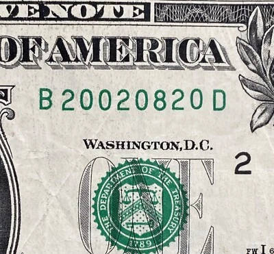 August 20, 2002 Birthday Anniversary Note $1 Dollar Bill Fancy Serial Number - Image 1 of 4