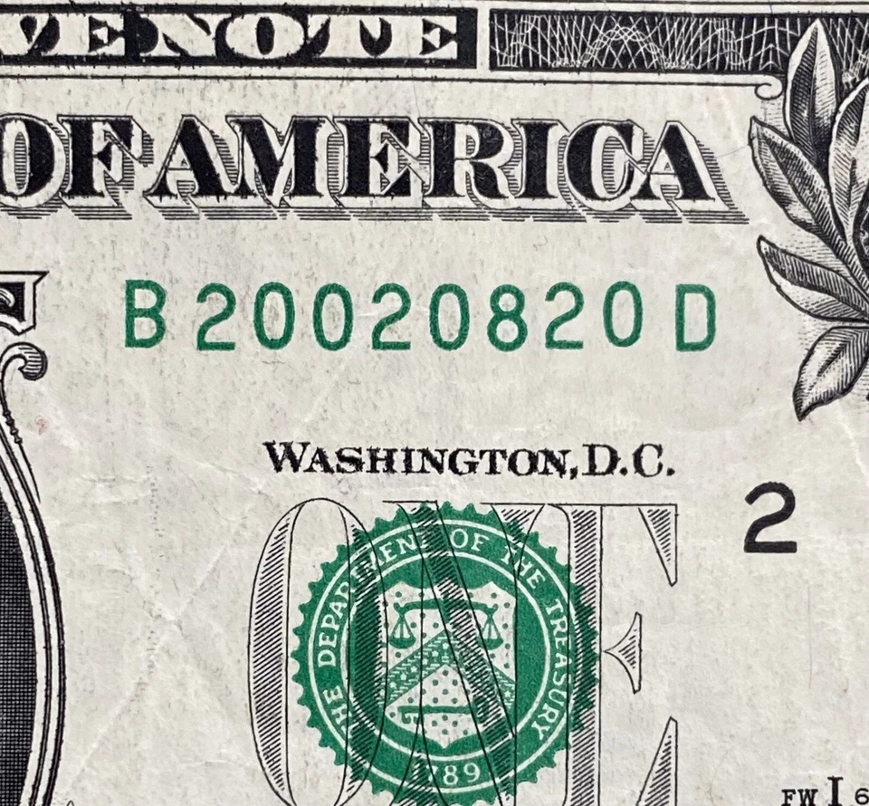 August 20, 2002 Birthday Anniversary Note $1 Dollar Bill Fancy Serial Number - Image 1 of 4