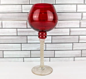 Wine Glass Candle Holder 12" Red Cut Glass Crystal Stem Glitter Holiday Decor - Picture 1 of 6