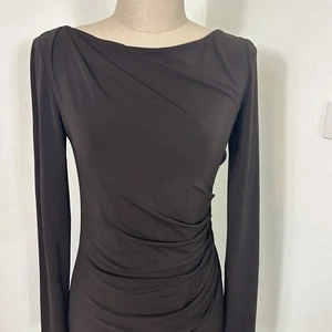 Melinda Eng Brown Ruched Dress Long Sleeves Back Zip Fall Thanksgiving Size 6 - Picture 1 of 17