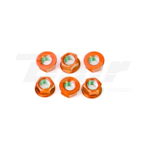 42528 6 Dadi Flangiati ARANCIONI M10x1,25 per Montaggio Corona Trasmissione Moto - Picture 1 of 1