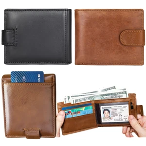 Mens Genuine Cowhide Leather Wallet Men Wallet Snap Button Coin Purse UK - Picture 1 of 33