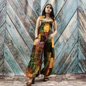 Handmade Boho Baggy Hippy Patchwork Overall Maxi Wide Leg Jumpsuit Romper Jumper - Picture 1 of 10