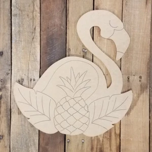 Tropical Bird With Pineapple, Unfinished Cutout Art Craft Wooden Paint by Line - Picture 1 of 1