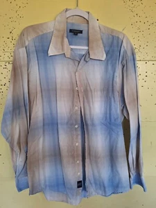 BURBERRY LONDON Mens L Large Blue Tan Plaid Long Sleeve Button Down Dress Shirt - Picture 1 of 4