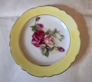 Vintage Japanese Floral Saucer Yellow Border Gold Rim Pink Roses 3.5 Tiny Plate - Picture 1 of 3