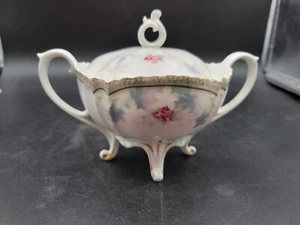 Vintage Porcelain RS Prussia Floral Covered Sugar Bowl Double Handle - Picture 1 of 9