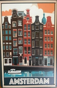 AMSTERDAM TIN SIGN TOURISM PROMO AMSTERDAM NETHERLANDS DAM BOAT ART WALL DECOR - Picture 1 of 1