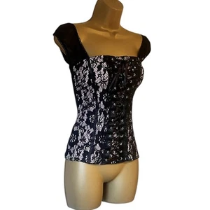 Y2K Jane Norman pink black lace milkmaid sheer mesh sleeve top size 12-14 - Picture 1 of 5