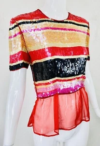 Vintage Victor Costa Abendtop komplett Pailletten rosa rot Streifen Chiffon Schößchen 4 - Bild 1 von 12