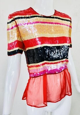 Top de Noche Vintage VICTOR COSTA Completamente Lentejuelas Rosa Rojo Rayas Gasa Peplum 4 Foto 1 de 4