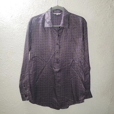 Blusa de seda CAbi para mujer M suelta púrpura top manga larga medio botón camisa delantera Foto 1 de 4