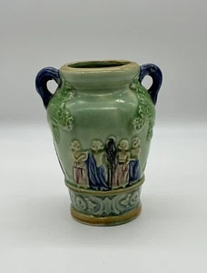 Antike Porzellan Vase Urne Japan handbemalt grün doppelter Griff Damen klein - Bild 1 von 6