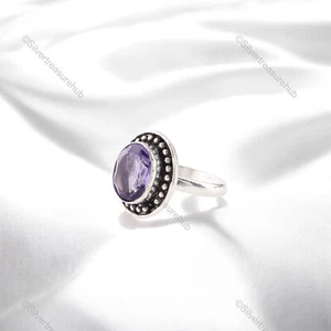 Oval Natural Iolite 925 Silver Promise Band Trendy Mother New Handmade Boho Ring - Picture 1 of 5