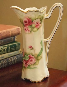 BURTON & BURTON PORCELAIN BISQUE PITCHER FLORAL ROSE GOLD GILT ART NOUVEAU 8.5"H - Picture 1 of 9