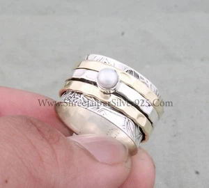 Natural Pearl Gemstone Ring 925 Sterling Silver Anxiety Spinner Ring For Women - Imagen 1 de 6