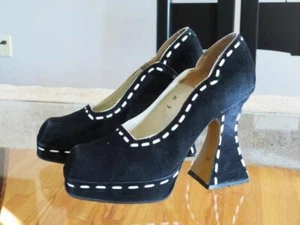 JOHN FLUEVOG Munster Negro Nubuck Blanco Costura Plataforma Tacón Zapatos 6 - Imagen 1 de 4