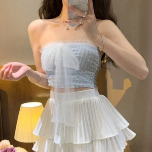 Summer Sexy Strapless Camisole Women Bow Lace Patchwork Sleeveless Knit Tank Top - Picture 1 of 13