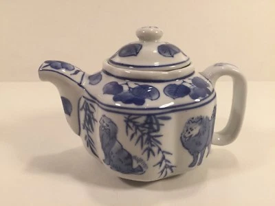 Japanese Teapot - Blue And White With Lions And Other Nature Prints - Image 1 of 4