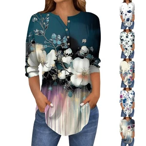 Women's Fashion Loose Button Collar Print 3/43/4 Sleeve T-Shirt Tops Pullover - Picture 1 of 30