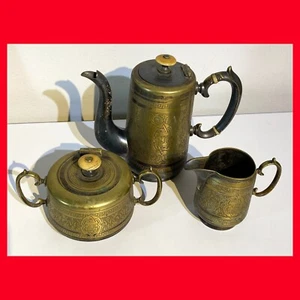 Antique 3-Piece B. HENNEBERG SILVER PLATE & BRASS COFFEE SET Pot Creamer & Sugar - Picture 1 of 21