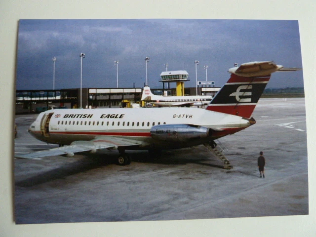 British Eagle, BAC one-eleven, G-ATVH, at Glasgow Airport, 1967, new postcard - Image 1 of 1