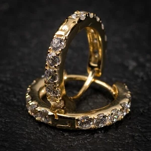 14K Yellow Gold Plated Mens Thin Small Sterling Silver Iced Cz Hoop Earrings - Picture 1 of 4