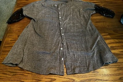 Surrealist Boho Button Down Lace Sleeve Black Beige Heather Tunic Top  M/L  2 - Image 1 of 4